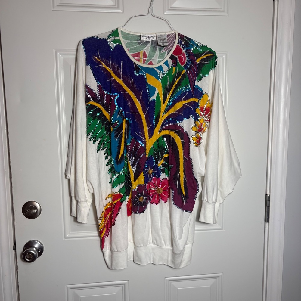 Vintage Bonnie Boerer Plus Tropical Sequin Dolman Sleeve Top White 2X Retro